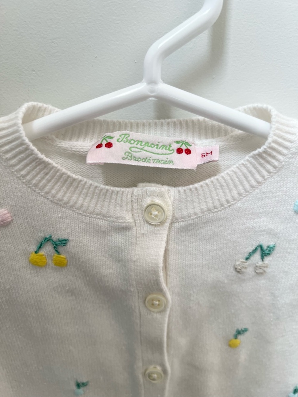 Bonpoint Cream Cardigan with Multicolored Cherry Embroidery - Picture 2 of 9